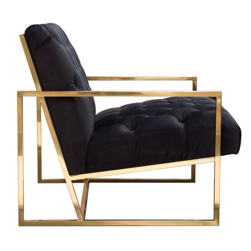 Pemberly Row Accent Armchair in Black Tufted Velvet with Angled Seat & Gold Legs