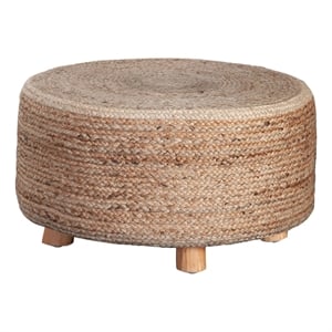 Pemberly Row 25&quot Round Accent Stool with Natural Brown Jute Seat and Wood Legs