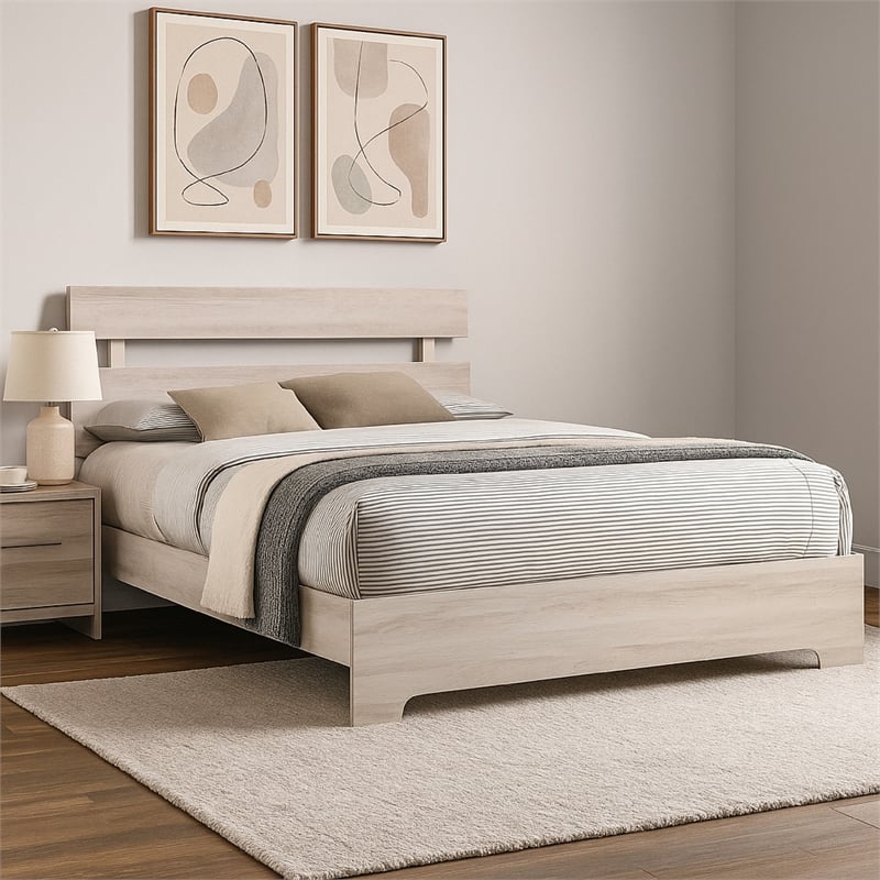 Pemberly Row Full Platform Bed with Panel Headboard in Low Profile White Wood