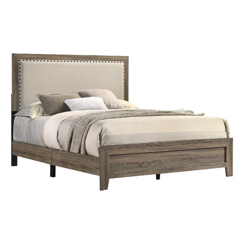 Pemberly Row Queen Panel Bed with Nailhead Trim in Ivory Fabric and Gray Wood