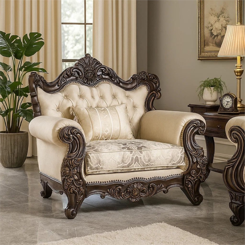 Pemberly Row Armchair with Lumbar Pillow in Beige Fabric & Carved Cherry Wood
