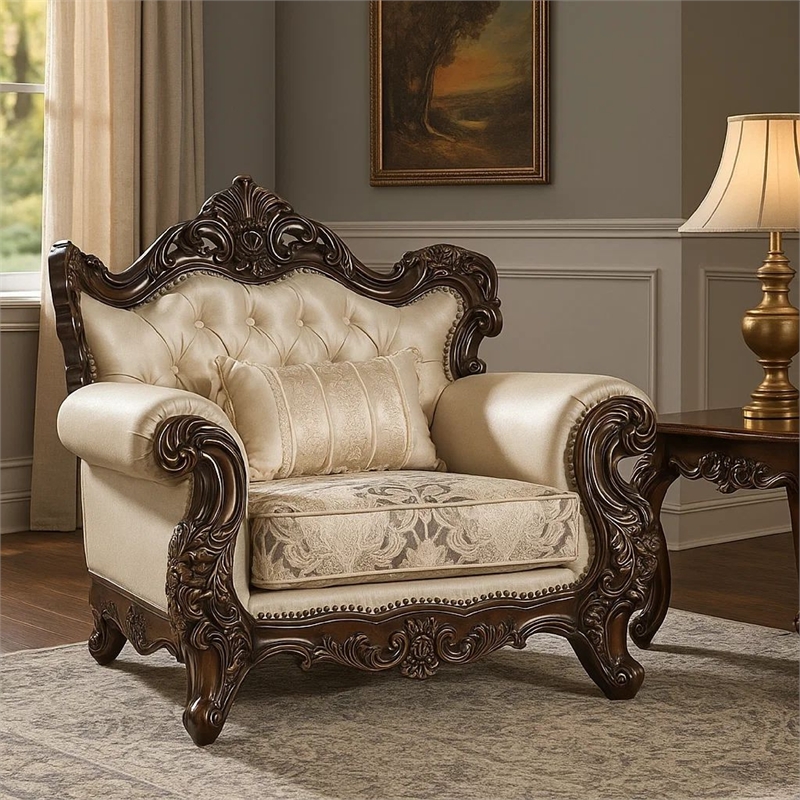 Pemberly Row Armchair with Lumbar Pillow in Beige Fabric & Carved Cherry Wood