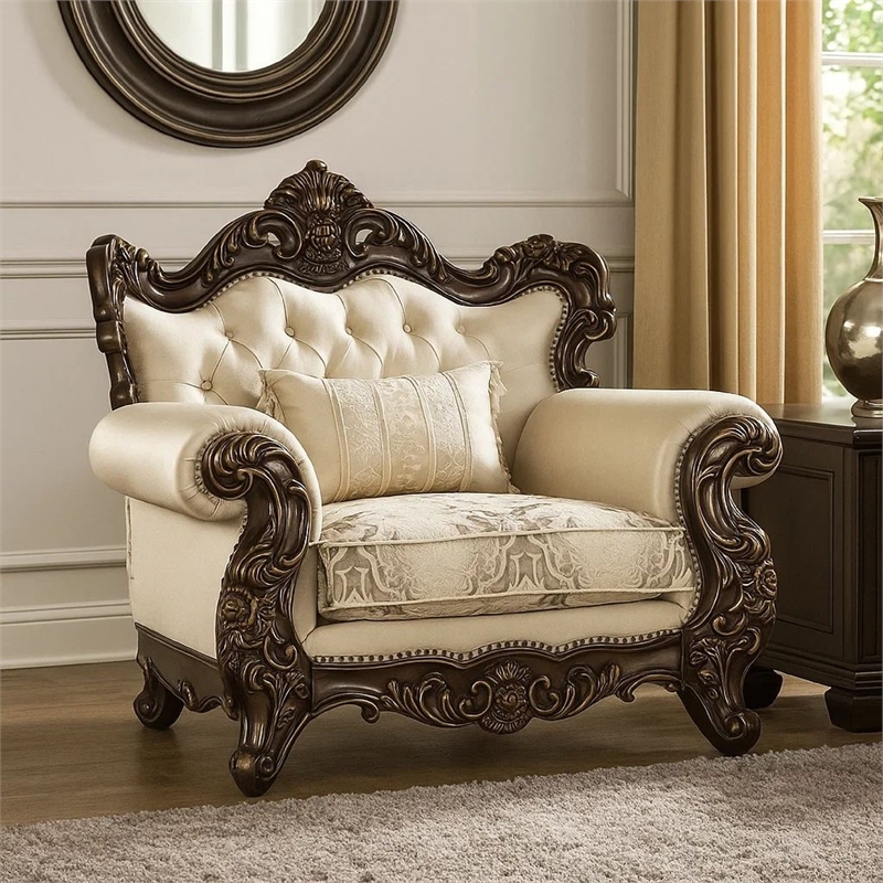 Pemberly Row Armchair with Lumbar Pillow in Beige Fabric & Carved Cherry Wood