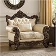 Pemberly Row Armchair with Lumbar Pillow in Beige Fabric & Carved Cherry Wood