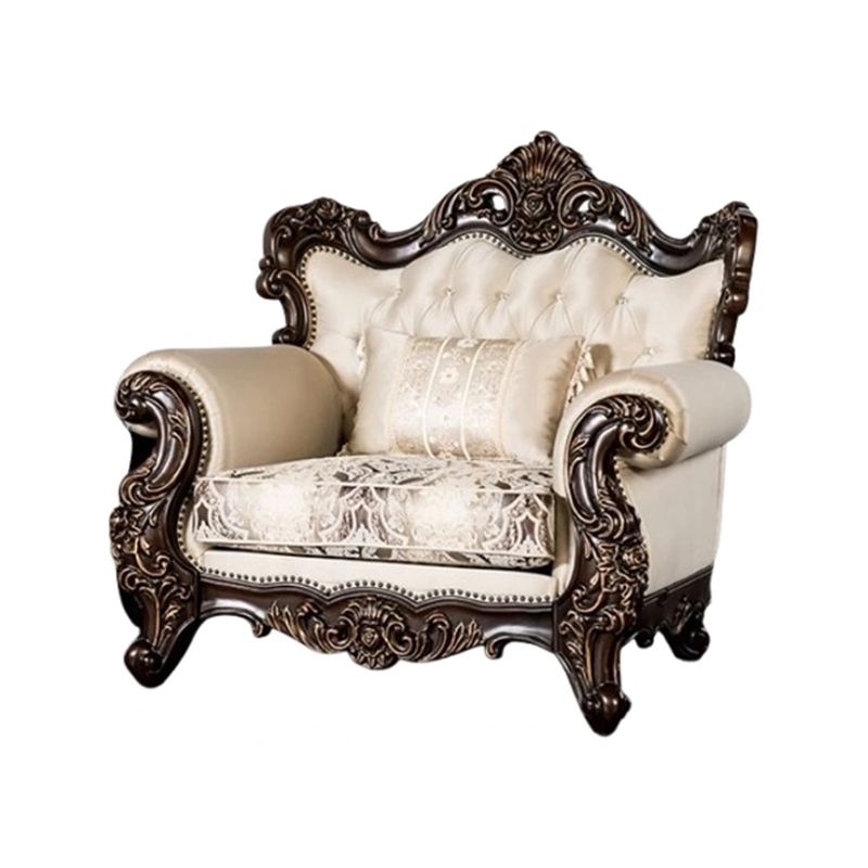 Pemberly Row Armchair with Lumbar Pillow in Beige Fabric & Carved Cherry Wood