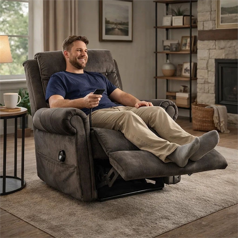 Pemberly Row Power Lift Chair w/ Heat & Massage in Dark Gray Fabric w/ USB Port