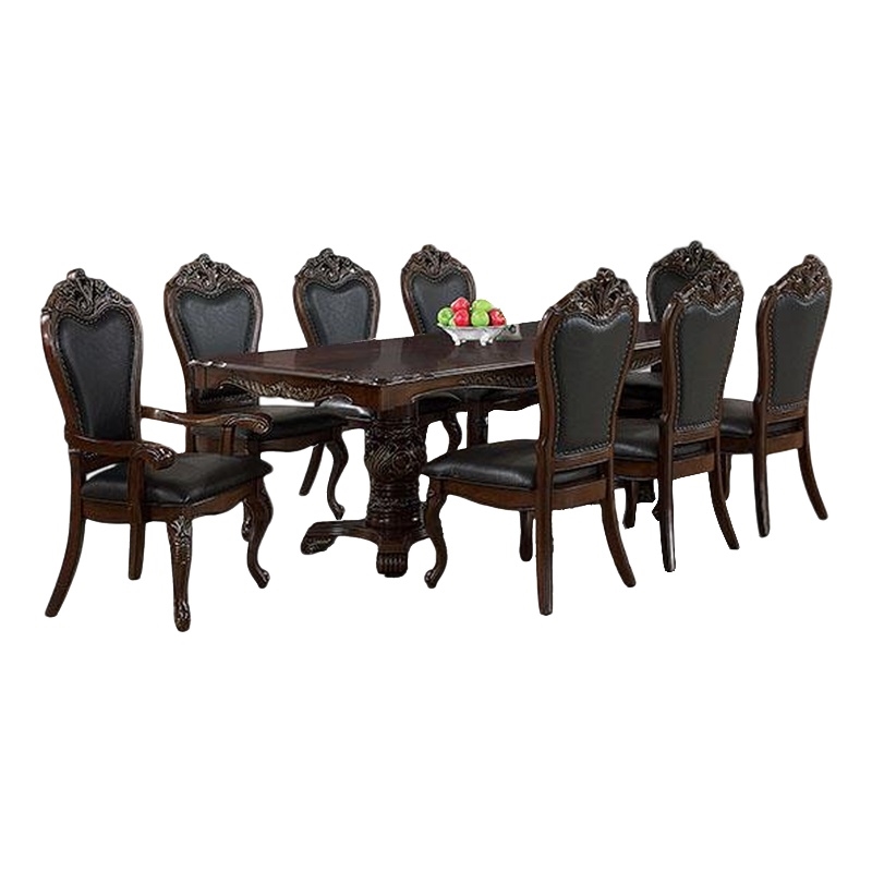 Pemberly Row 9 Piece Dining Set with Cherry Brown Wood Table and 8 Carved Chairs