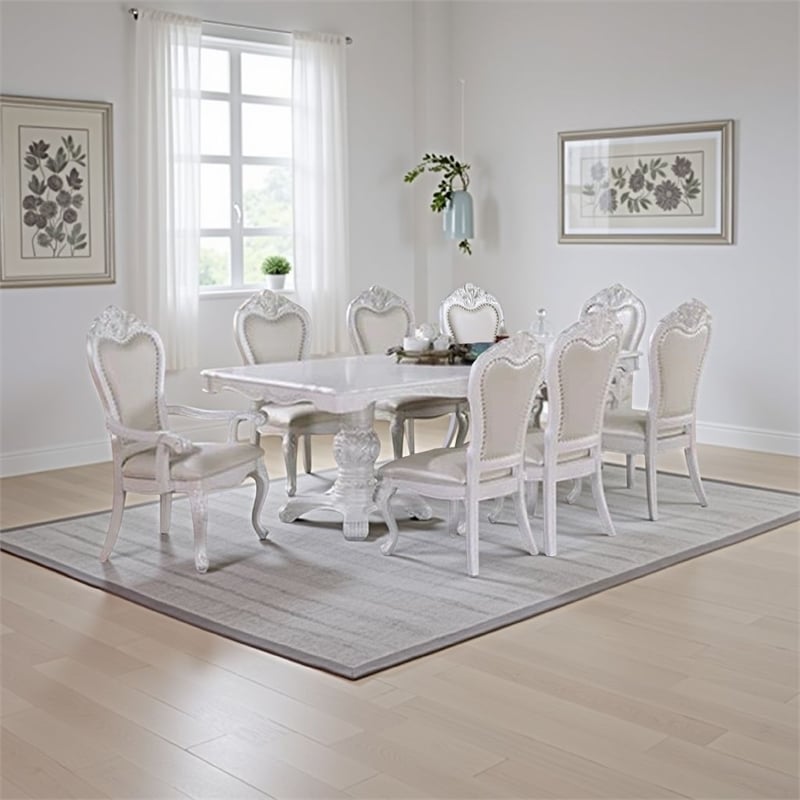 Pemberly Row 9 Piece Dining Set with White Wood Table and 8 Faux Leather Chairs