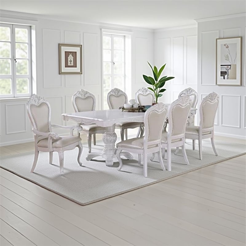 Pemberly Row 9 Piece Dining Set with White Wood Table and 8 Faux Leather Chairs