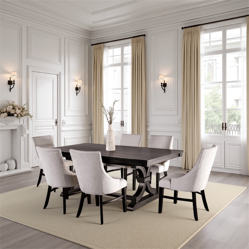 Pemberly Row 7 Pc Rectangular Dining Table Set with 6 Wingback Chairs in Black