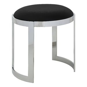 Pemberly Row 19&quot Round Accent Stool Ottoman in Black Faux Leather w/ Silver Base