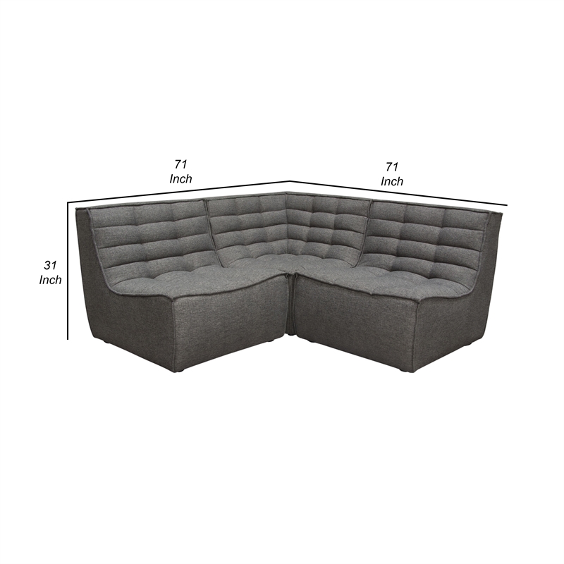 Pemberly Row 3Pc Modular Sectional Corner Sofa w/ Grid Tufting in Gray Polyester
