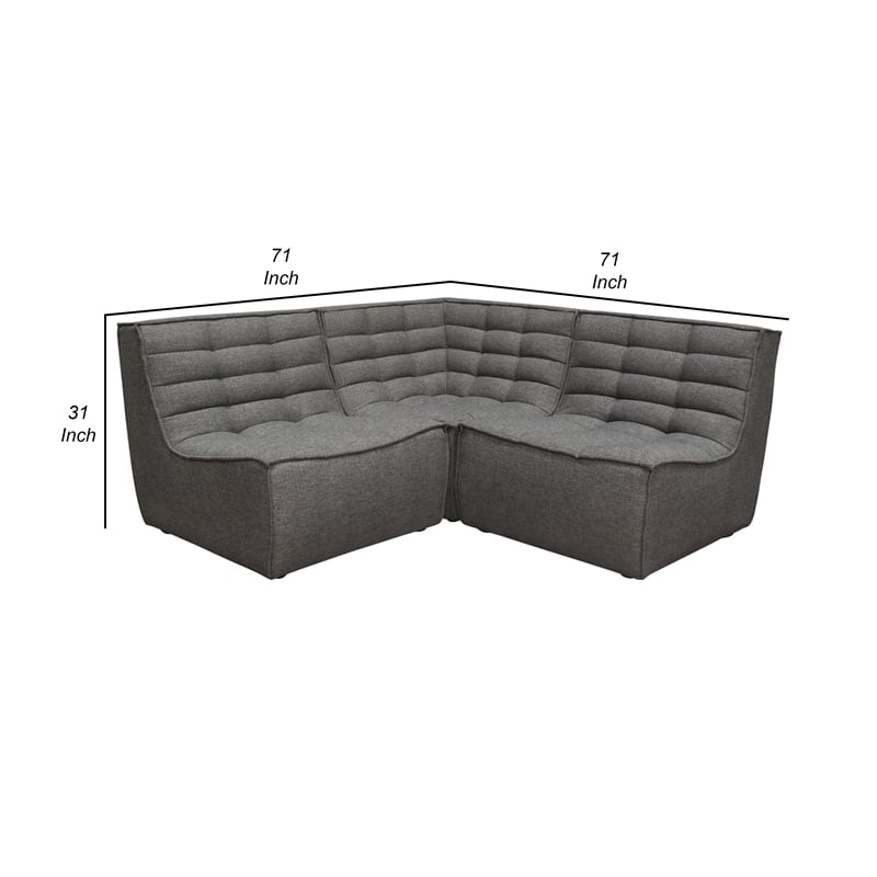 Pemberly Row 3Pc Modular Sectional Corner Sofa w/ Grid Tufting in Gray Polyester
