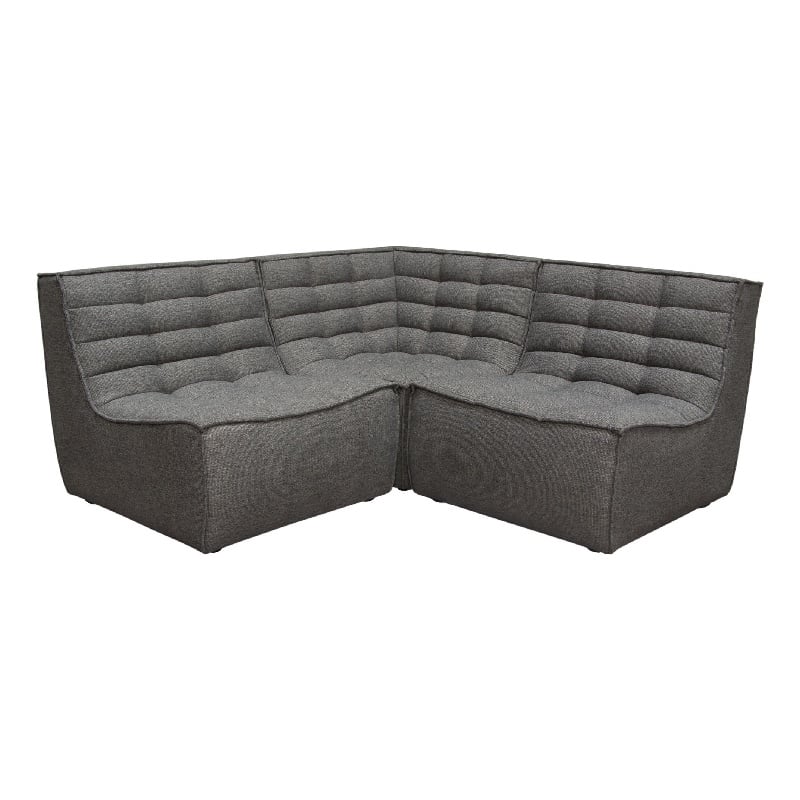 Pemberly Row 3Pc Modular Sectional Corner Sofa w/ Grid Tufting in Gray Polyester