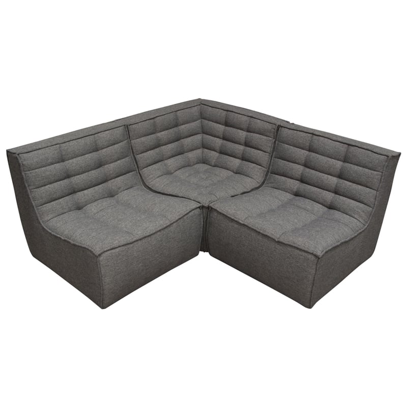 Pemberly Row 3Pc Modular Sectional Corner Sofa w/ Grid Tufting in Gray Polyester