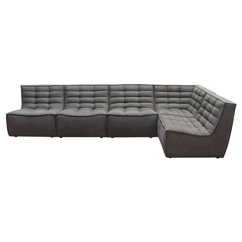 Pemberly Row 5Pc L-Shape Modular Sectional Sofa w/ Grid Tufting - Gray Polyester