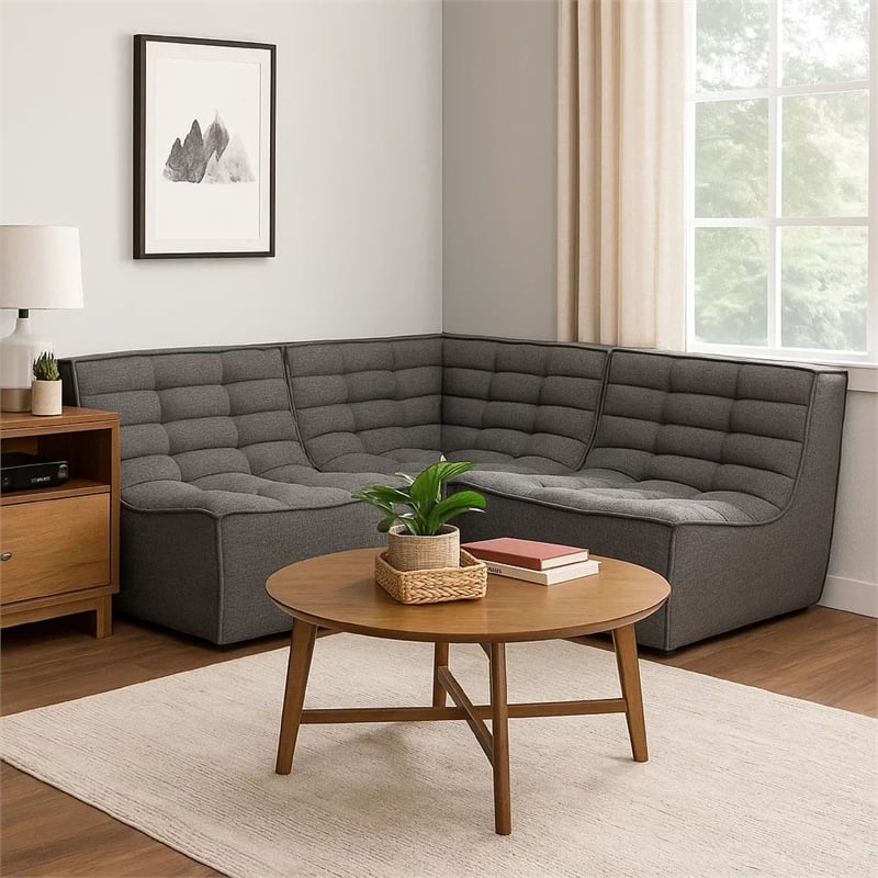 Pemberly Row 5Pc L-Shape Modular Sectional Sofa w/ Grid Tufting - Gray Polyester