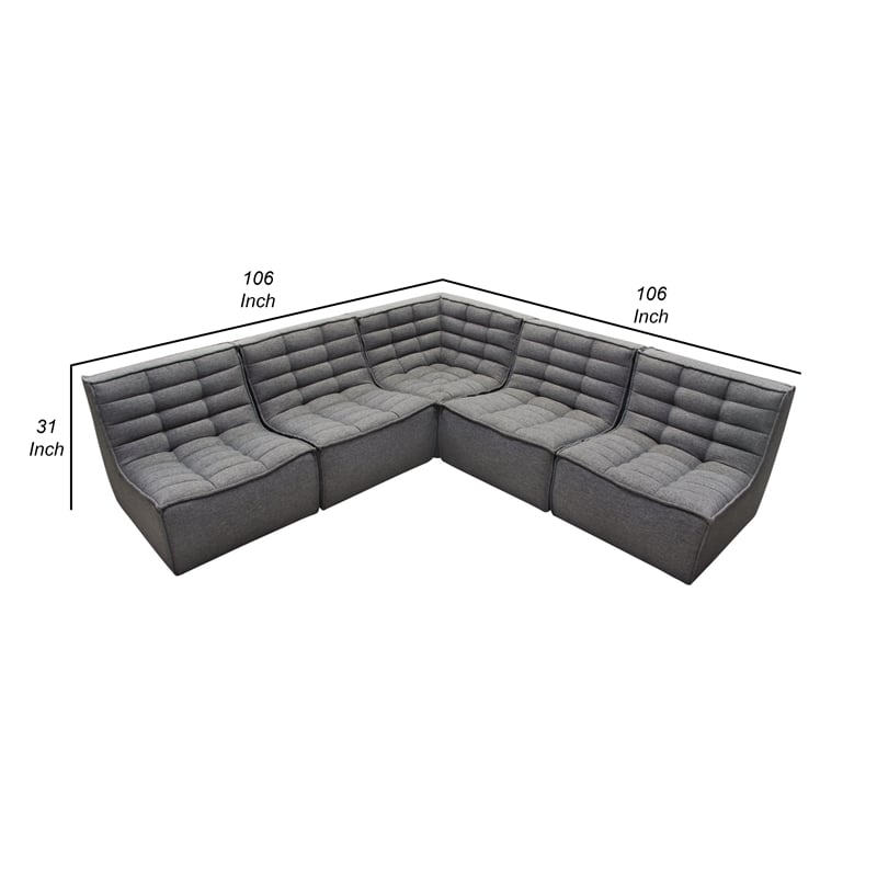 Pemberly Row 5Pc L-Shape Modular Sectional Sofa w/ Grid Tufting - Gray Polyester