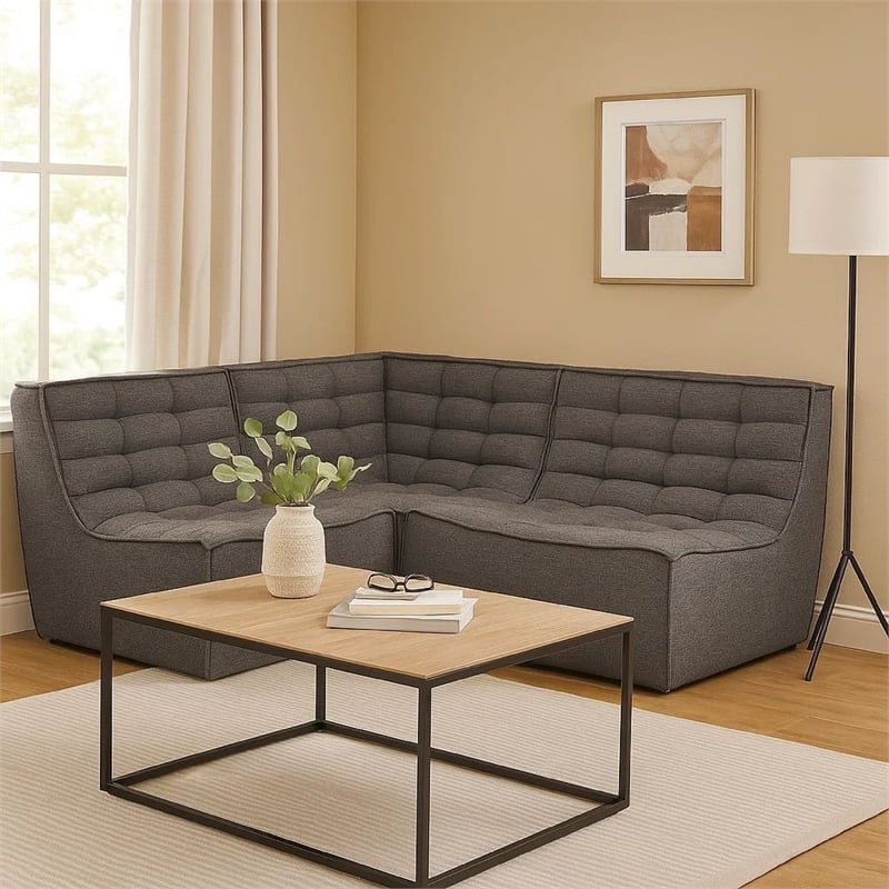 Pemberly Row 5Pc L-Shape Modular Sectional Sofa w/ Grid Tufting - Gray Polyester