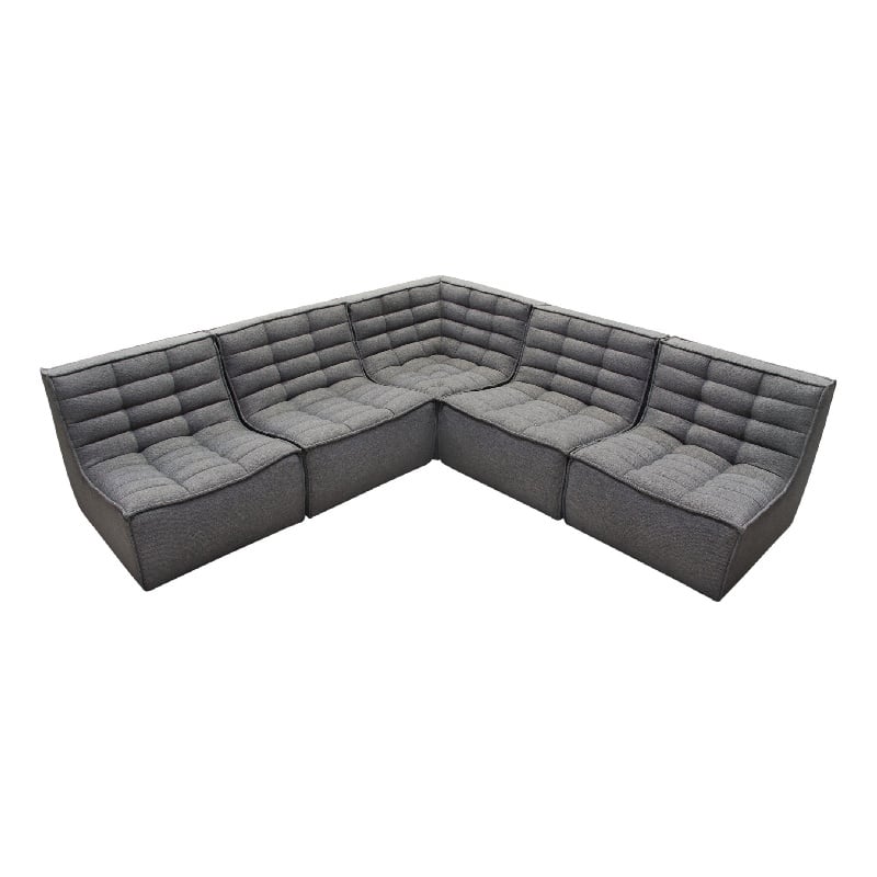 Pemberly Row 5Pc L-Shape Modular Sectional Sofa w/ Grid Tufting - Gray Polyester