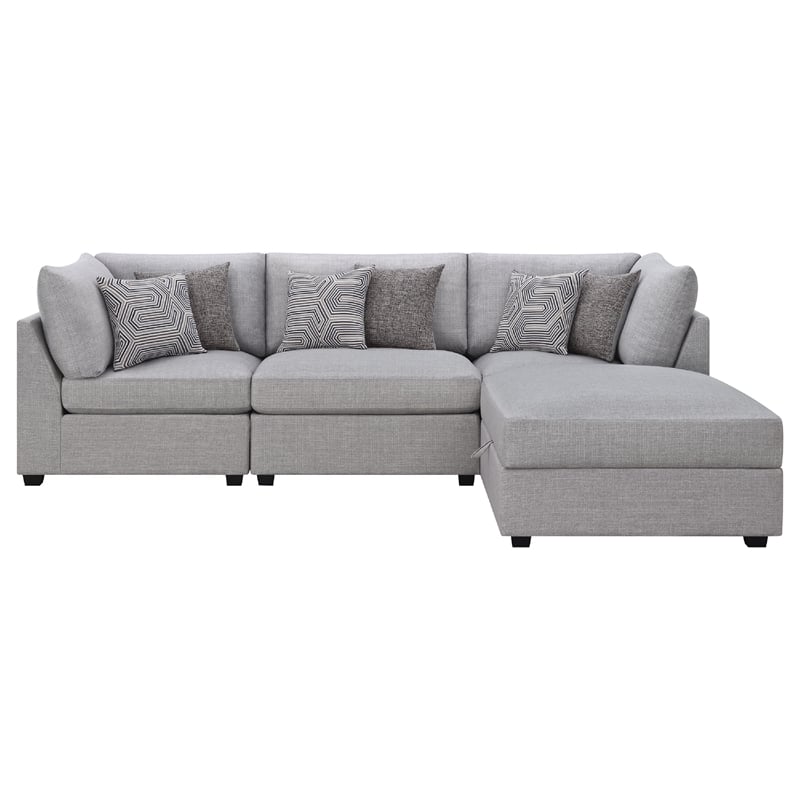 Pemberly Row 4 Pc Modular Sectional Sofa Set with Ottoman and 6 Pillows in Gray