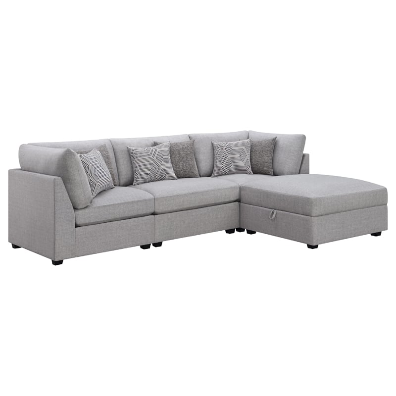 Pemberly Row 4 Pc Modular Sectional Sofa Set with Ottoman and 6 Pillows in Gray