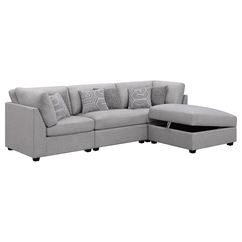 Pemberly Row 4 Pc Modular Sectional Sofa Set with Ottoman and 6 Pillows in Gray
