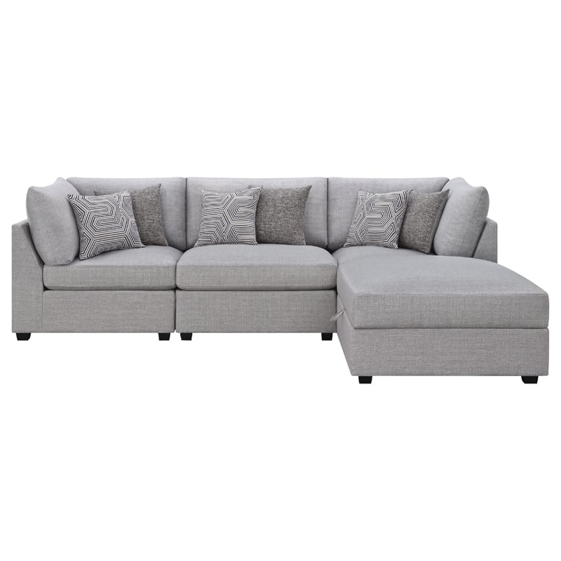 Pemberly Row 4 Pc Modular Sectional Sofa Set with Ottoman and 6 Pillows in Gray