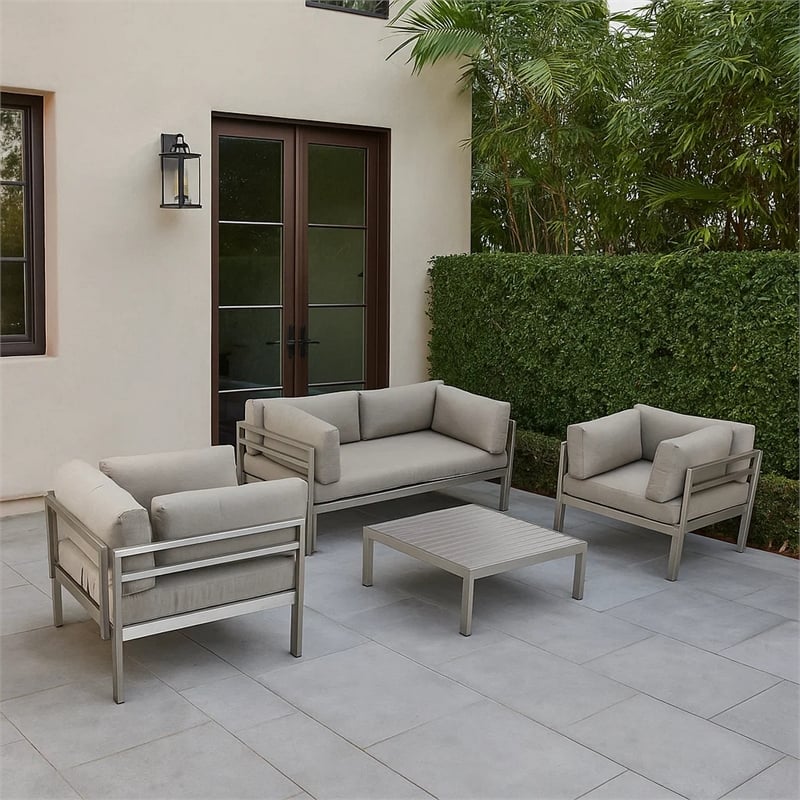 Pemberly Row 3 Pc Outdoor Sectional Metal Sofa Set with Table in Gray and Silver