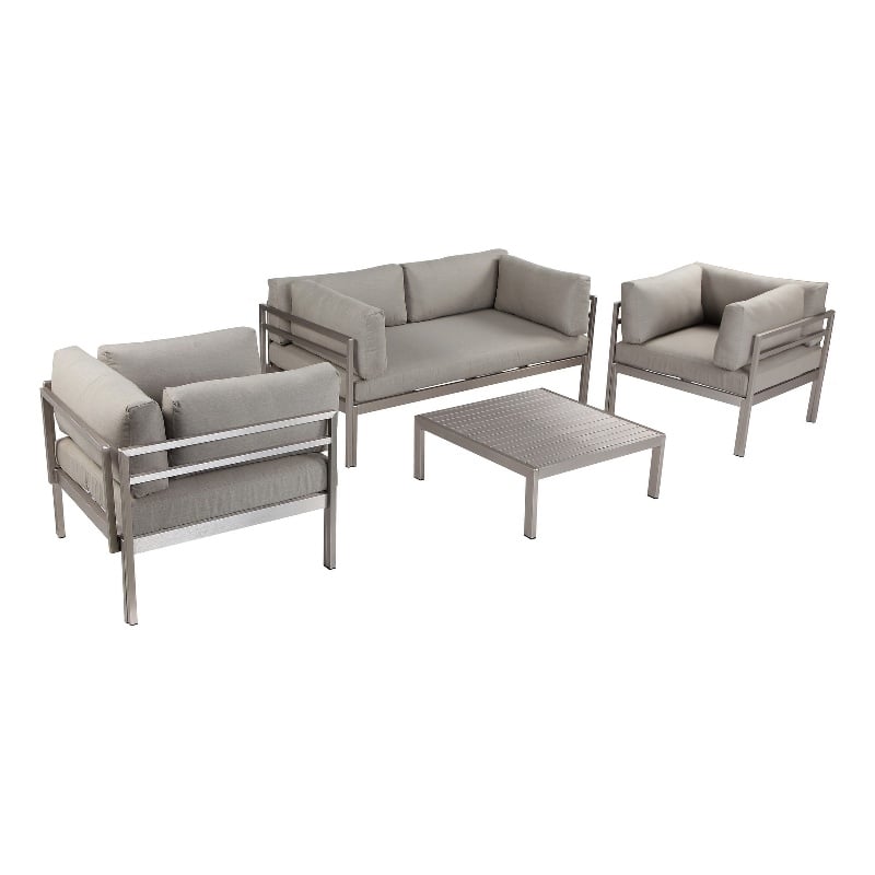 Pemberly Row 3 Pc Outdoor Sectional Metal Sofa Set with Table in Gray and Silver