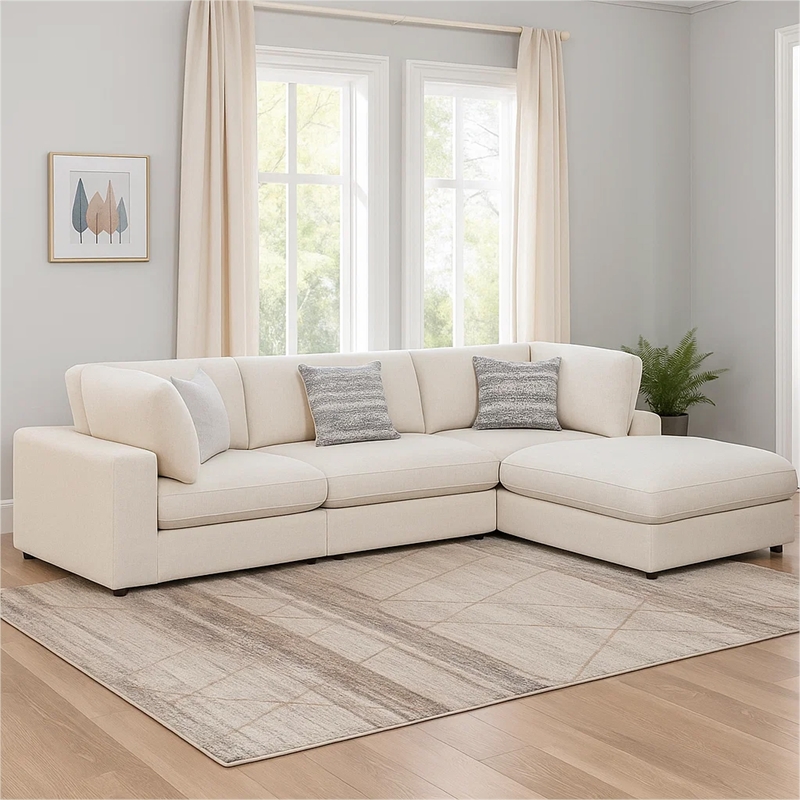 Pemberly Row 4 Piece Modular Sectional Sofa with Ottoman and 3 Pillows in Beige