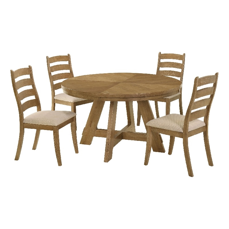 Pemberly Row 5Pc Round Dining Table Set w/ 4 Beige Chairs in Oak Brown Hardwood