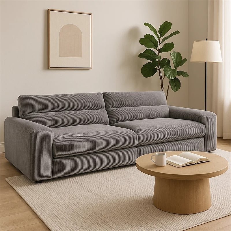 Pemberly Row Sofa with Rolled Cushioned Armrests in Gray Corduroy Upholstery