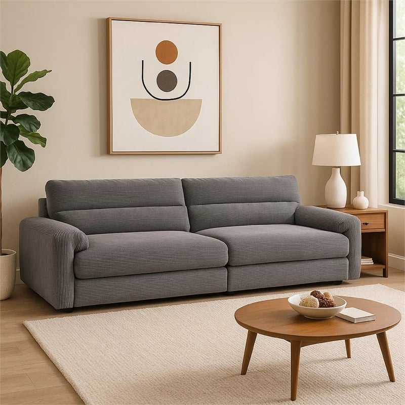 Pemberly Row Sofa with Rolled Cushioned Armrests in Gray Corduroy Upholstery