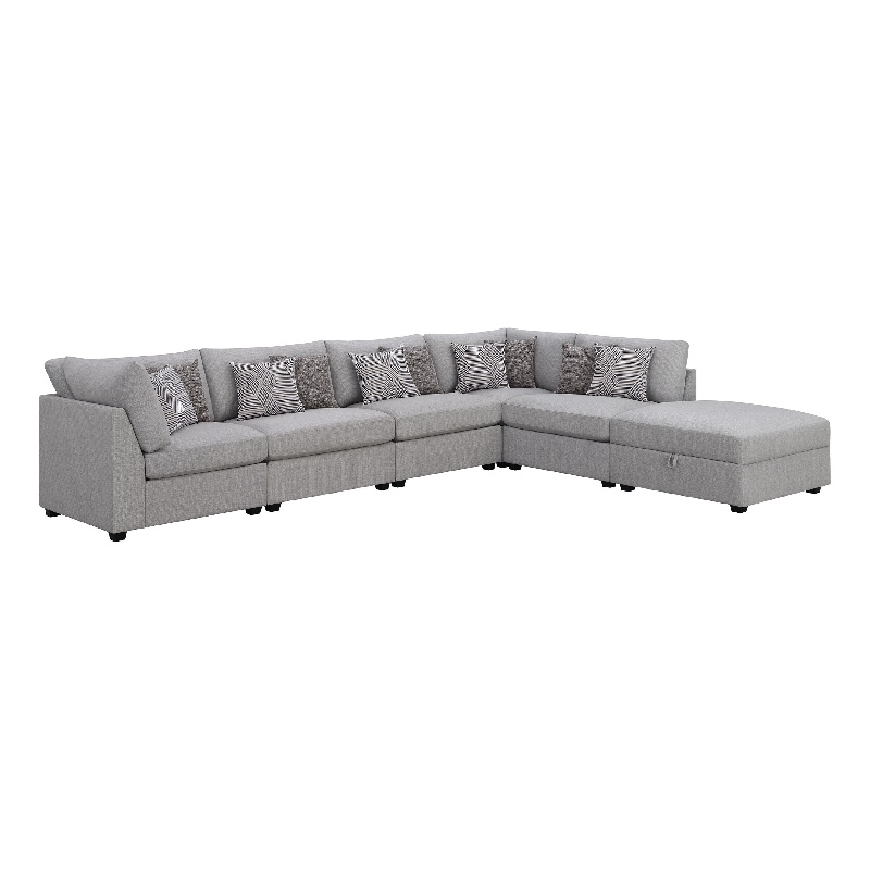 Pemberly Row 6 Piece Modular Sectional Sofa with Ottoman and 10 Pillows in Gray