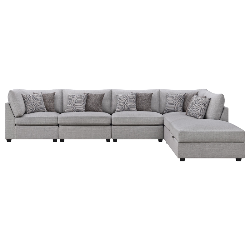 Pemberly Row 6 Piece Modular Sectional Sofa with Ottoman and 10 Pillows in Gray