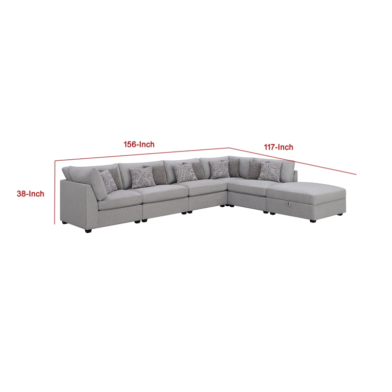 Pemberly Row 6 Piece Modular Sectional Sofa with Ottoman and 10 Pillows in Gray