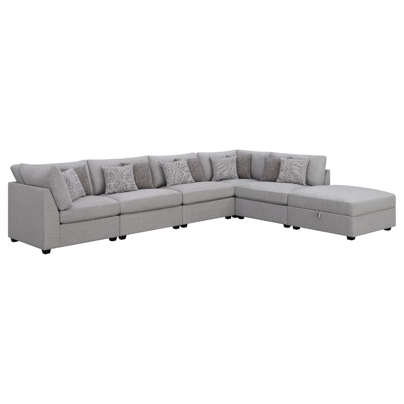 Pemberly Row 6 Piece Modular Sectional Sofa with Ottoman and 10 Pillows in Gray