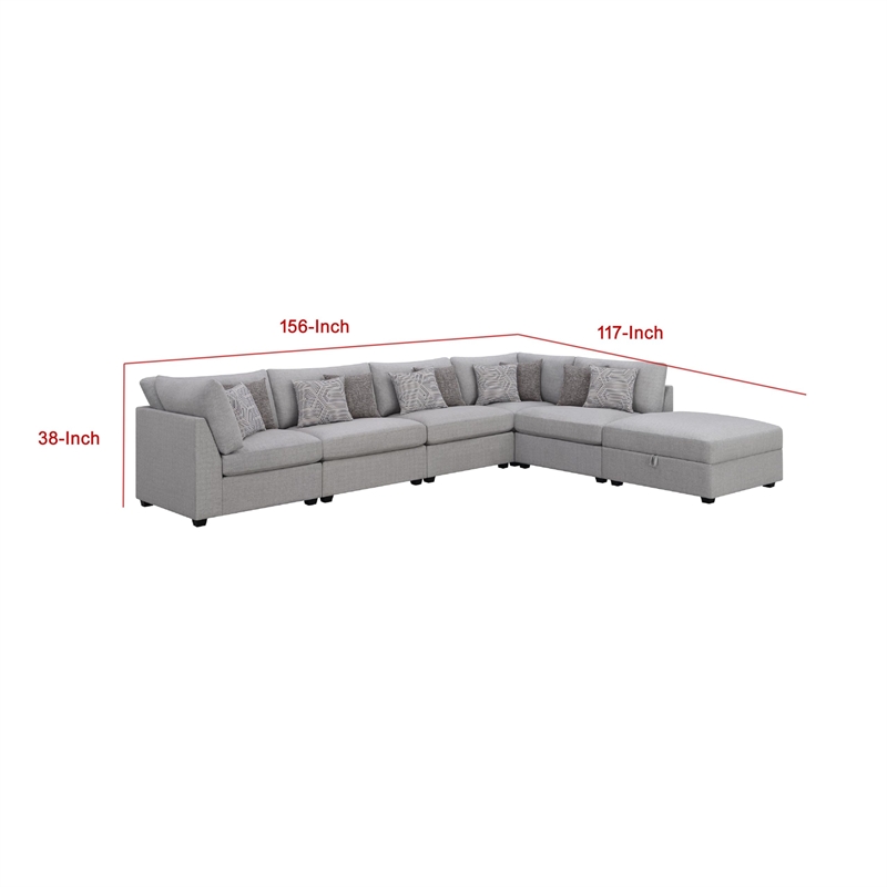 Pemberly Row 6 Piece Modular Sectional Sofa with Ottoman and 10 Pillows in Gray