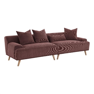 Pemberly Row 103&quot Long Sofa with 4 Throw Pillows in Retro Burgundy Red Corduroy