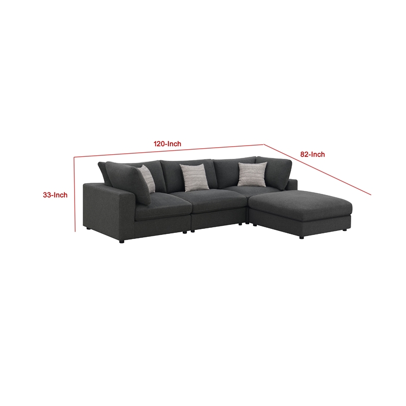 Pemberly Row 4 Piece Modular Sectional Sofa with Ottoman and 3 Pillows in Gray