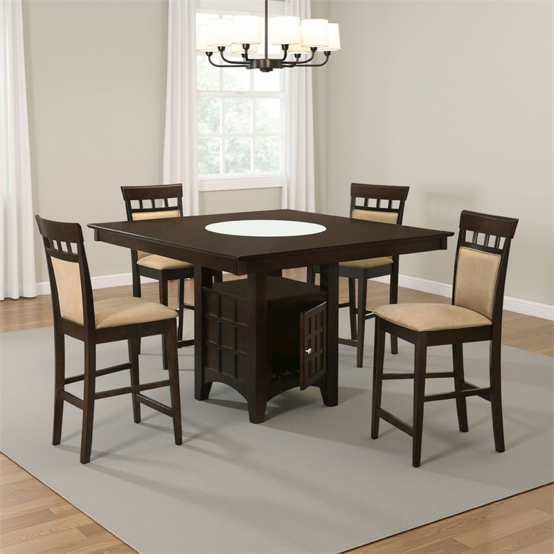 Pemberly Row 5 Piece Counter Height Dining Table Set with Wine Storage in Brown