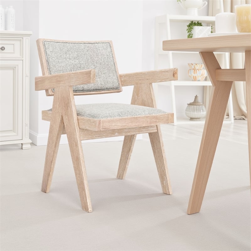 Pemberly Row Dining Armchair Set of 2 in Gray Fabric with Driftwood Brown Wood