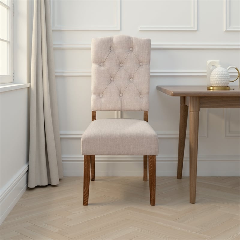 Pemberly Row Dining Chair Set of 2 with Tufted Beige Back in Brown Acacia Wood