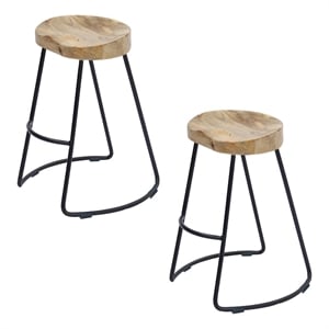 Pemberly Row 30&quot Mango Wood Industrial Barstool Set of 2 w/ Saddle Seat in Brown