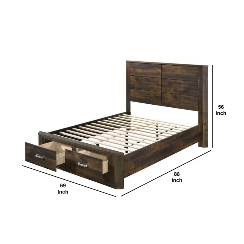 Pemberly Row Queen Wooden Bed with 2 Drawer Storage in Rustic Walnut Finish