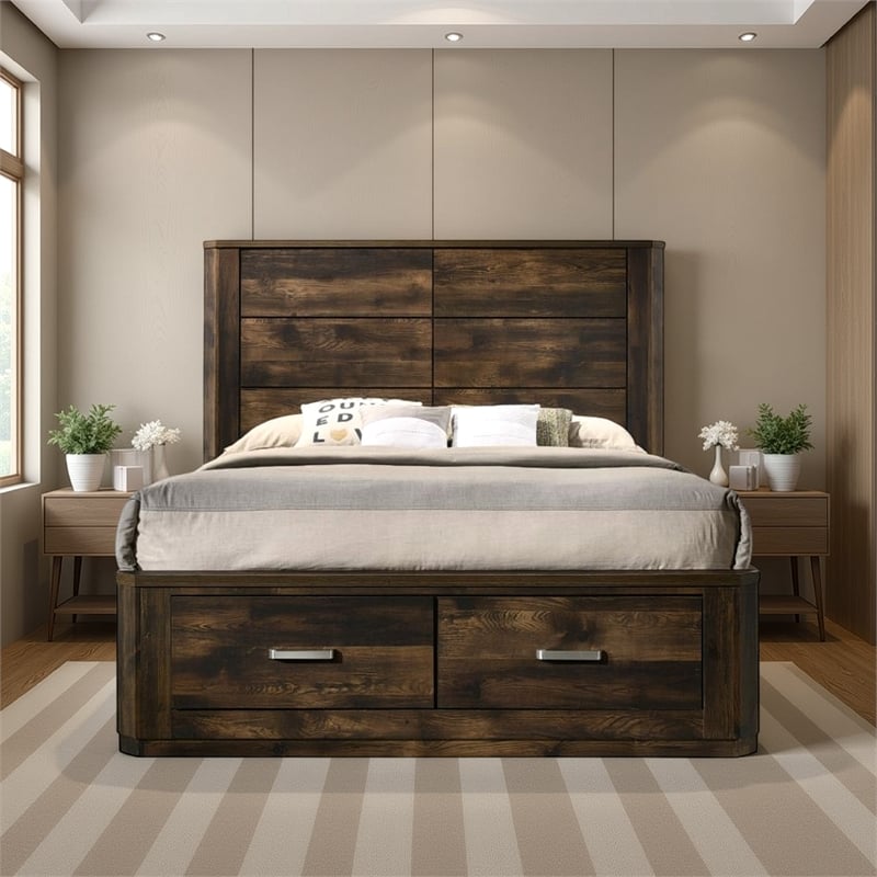 Pemberly Row Queen Wooden Bed with 2 Drawer Storage in Rustic Walnut Finish
