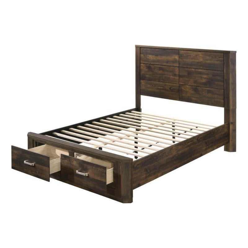 Pemberly Row Queen Wooden Bed with 2 Drawer Storage in Rustic Walnut Finish