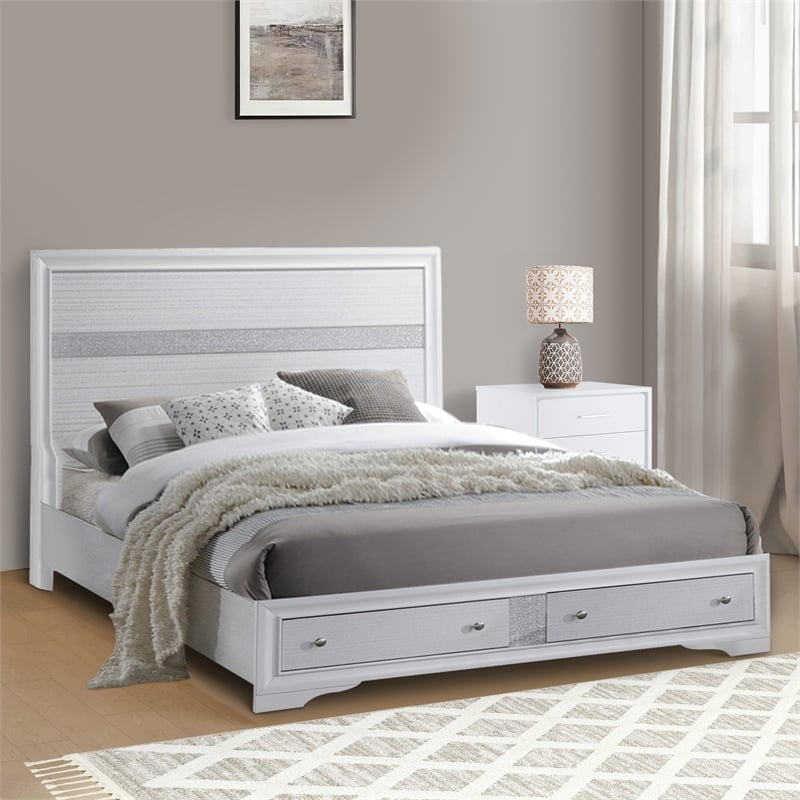 Pemberly Row Queen Size Bed with Storage Drawers and Panel Headboard in White