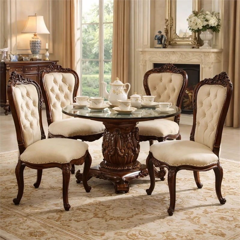 Pemberly Row Round Glass Top Dining Table with Pedestal Base in Cherry